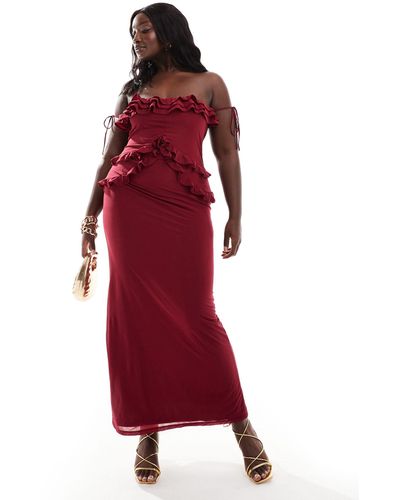 ASOS Asos Design Curve Bardot Ruffle Detail Maxi Dress - Red