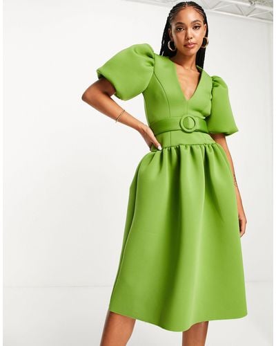 ASOS Dropped Waist Puff Sleeve Prom Midi Dress - Green