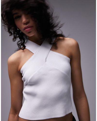 TOPSHOP Knitted Cross Front Top - White
