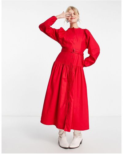 Whistles Cotton Belted Midi Dress With Balloon Sleeve - Red