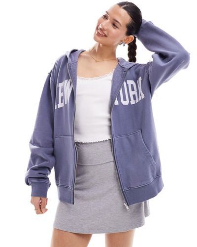 Miss Selfridge Sudadera lavado con cremallera y diseño "new york" - Azul