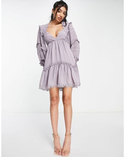 ASOS Lace Insert Tiered Mini Dress With Trim Detail - Purple