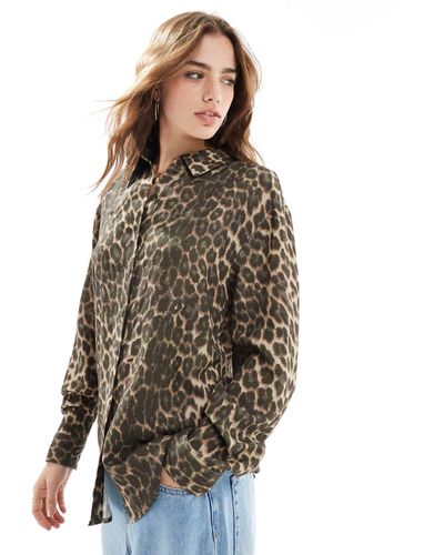 ASOS Relaxed Linen Look Leopard Shirt - Multicolour
