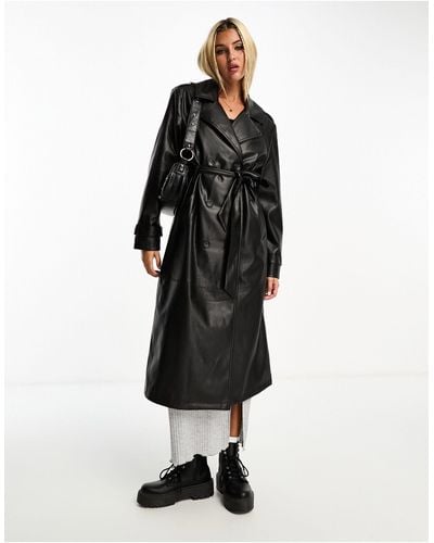 Pimkie Leather Look Belted Trench Coat - Black