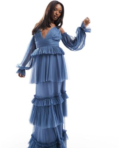 LACE & BEADS Sheer Sleeve Tulle Tiered Maxi Dress - Blue