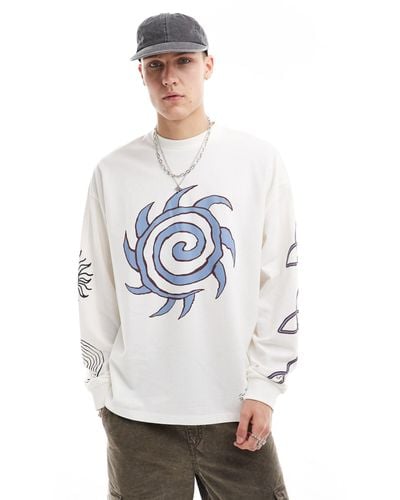 Collusion Long Sleeve Skater Fit T-shirt With Abstract Prints - White