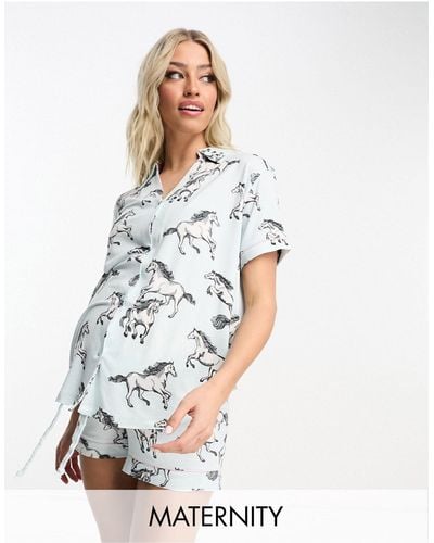 Chelsea Peers Maternity – kurzer pyjama mit wildpferde-print und durchgehender knopfleiste - Weiß