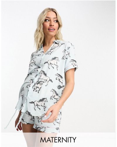 Chelsea Peers Maternity - pigiama corto con bottoni e stampa cavalli selvaggi - Bianco