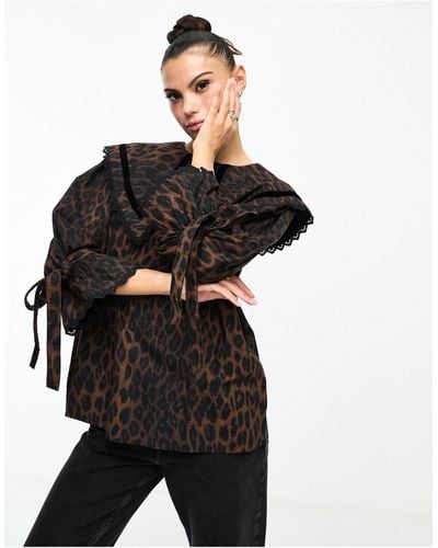 Damson Madder Candice Leopard Print Collar Detail Blouse - Black