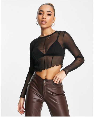 ASOS Mesh Top Met Lange Mouwen En Naaddetail - Zwart