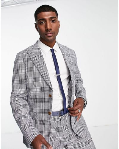 SELECTED Slim Fit Suit Jacket Check Linen Mix - Blue