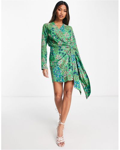 Never Fully Dressed Robe courte portefeuille nouée - émeraude léopard - Vert