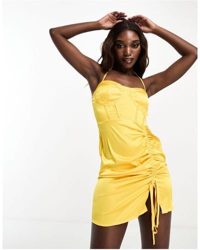 Naanaa Satin Corset Detail Mini Dress With Ruched Skirt - Yellow