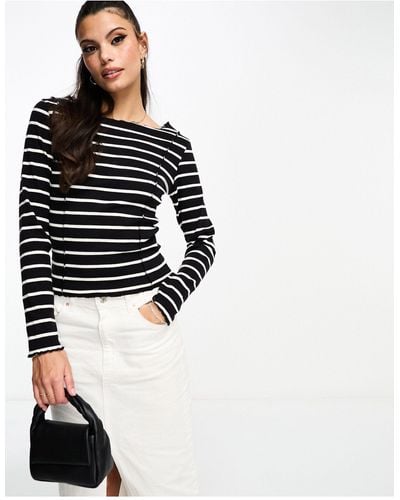 Brave Soul Long Sleeve Striped Top With Ruffled Collar - Black