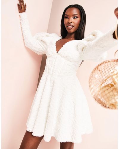 ASOS Fluffy Knitted Corsetted Dress With Flippy Skirt - Natural