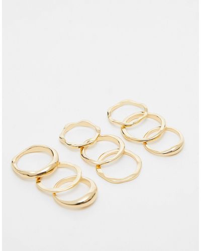 ASOS Pack Of 9 Rings With Mixed Molten Design - Natural