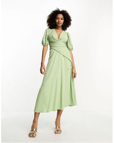 ASOS Puff Sleeve Pleat Drape Midi Dress - Green