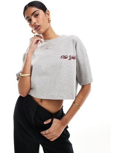 4th & Reckless Cropped New York Embroidered T-shirt - Grey