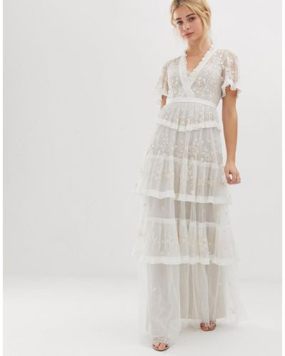 Needle & Thread Embroidered Lace Tiered Maxi Dress In Ivory - White