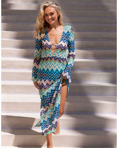 South Beach X Misha Grimes Ring Front Cut Out Long Sleeve Zig Zag Print Maxi Beach Dress - Blue