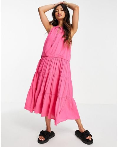 Y.A.S Midi Sleeveless Dress With Tie Neck And Tiered Skirt - Pink