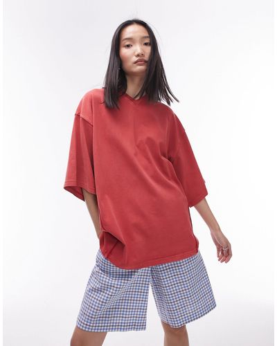 TOPSHOP T-shirt oversize à col en v - délavé - Rouge