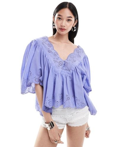 Free People V Neck Broderie Puff Sleeve Blouse - Blue