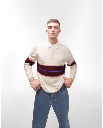 TOPMAN Knitted Rugby Polo With Stripe - Blue