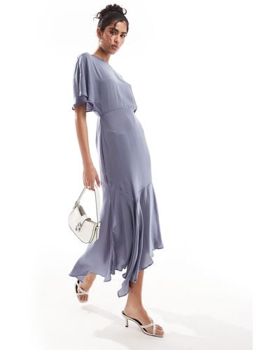 ASOS Satin Flutter Sleeve Asymmetric Hem Midi Dress - Blue