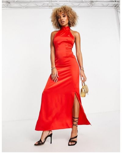 UNIQUE21 Tie Neck Split Hem Maxi Dress - Red