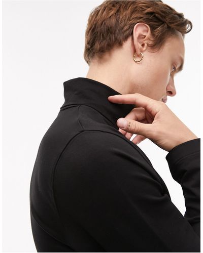 TOPMAN – premium – klassisches, langärmliges shirt aus em interlock-fleece mit rollkragen - Schwarz