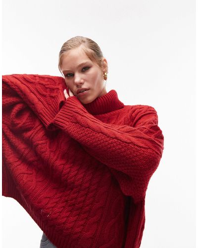 TOPSHOP Knitted High Neck Cable Detail Jumper - Red
