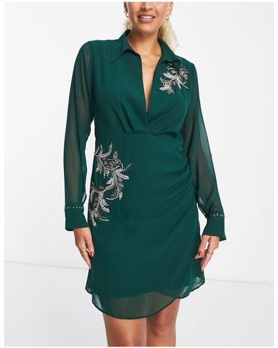 Hope & Ivy Embellished Mini Shirt Dress - Green