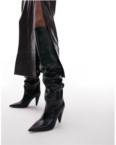 TOPSHOP Tabitha Premium Leather Cone Heel Knee High Boot - Black