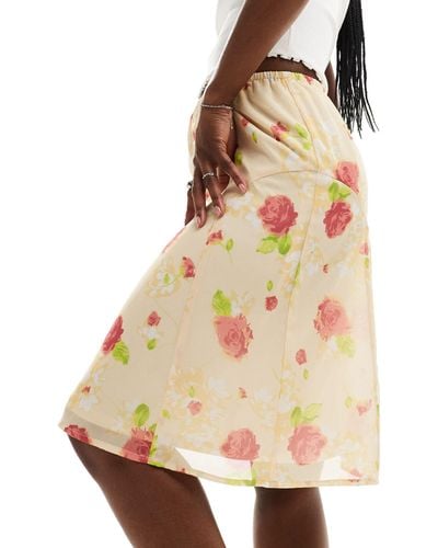 Daisy Street Vintage Rose Print Awkward Length Skirt - Natural
