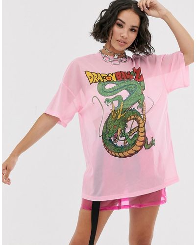 Bershka Mesh T-shirt Met Dragon Ball-print - Roze