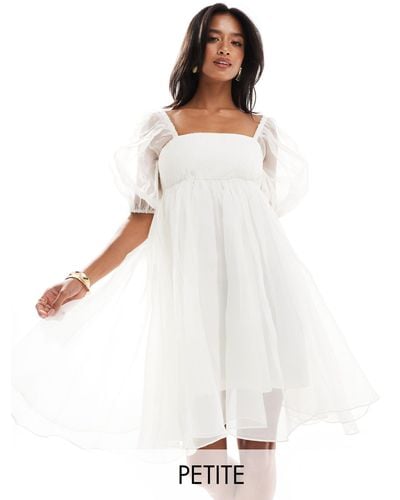 LACE & BEADS Square Neck Babydoll Organza Mini Dress - White