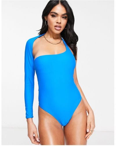 Candypants Long Sleeve One Shoulder Cut Out Swimsuit - Blue