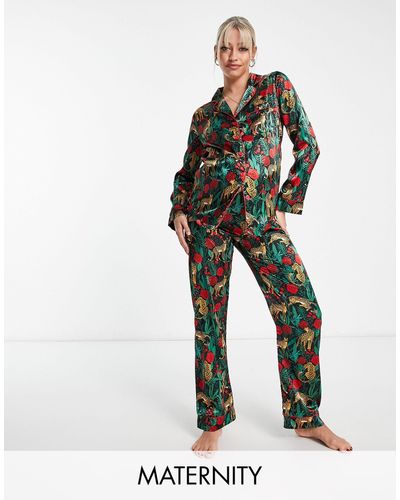 NIGHT Maternity Satin Wild Rose Leopard Pyjama Set - Green