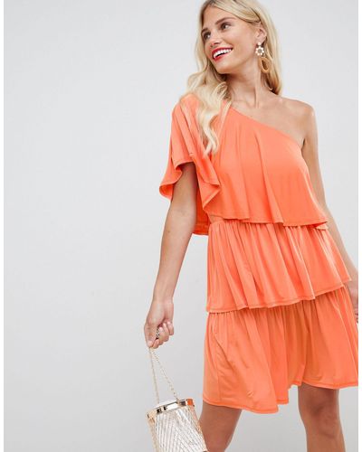ASOS Slinky One Shoulder Frill Mini Dress - Orange