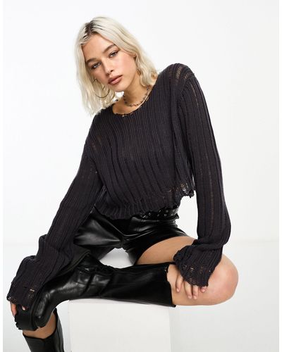 Collusion Cropped Distressed Nibbled Hem Sweater - Black