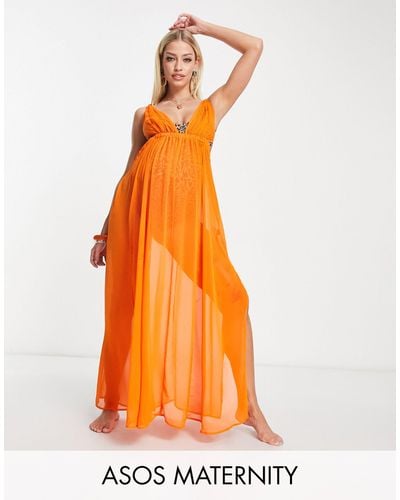 ASOS Asos Design Maternity Plunge Sheer Maxi Beach Dress With Rope Detail - Orange