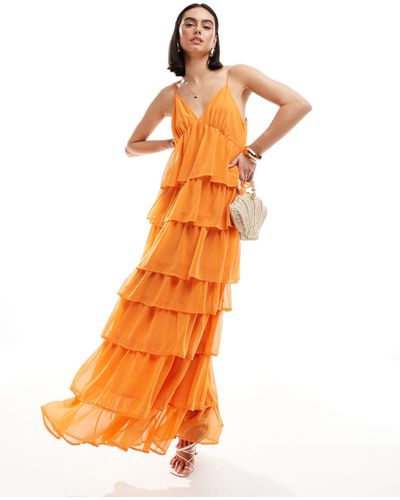 Vila Tiered Frill Maxi Cami Dress - Orange