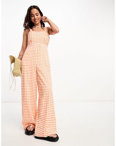 Monki Jumpsuit Met Vierkante Hals En Ruches Aan - Naturel