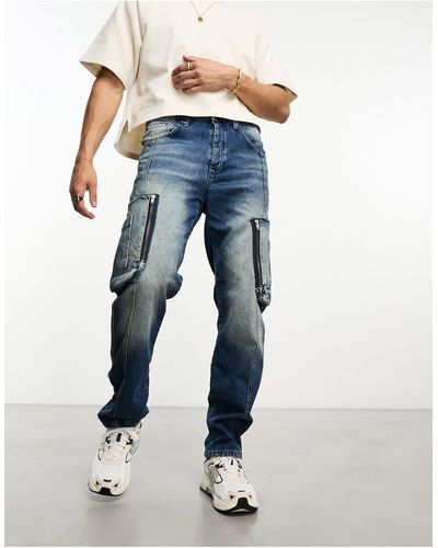 ASOS Jeans dritti lavaggio chiaro con tasche cargo - Blu