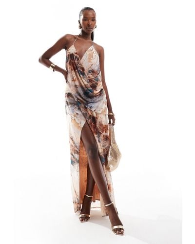 ASOS – tief ausgeschnittenes wickelkleid mit schmalen trägern und marmormuster - Mehrfarbig