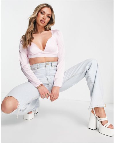 Missguided – langärmliges, kurzes oberteil aus satin - Weiß