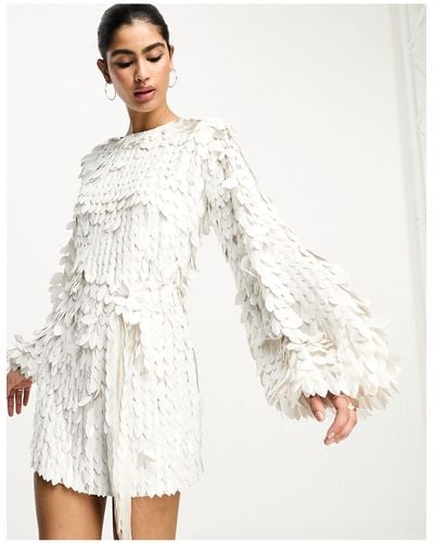 ASOS All Over Feather Sequin Embellished Long Sleeved Mini Dress - White