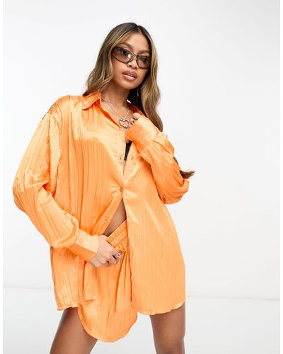 AsYou Satin Crinkle Long Sleeve Shirt Co-ord - Orange