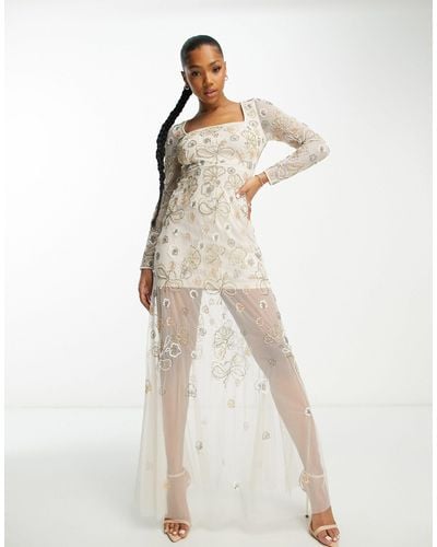 Miss Selfridge Premium - vestito lungo color cipria premium con fiocchi e fondo trasparente - Bianco